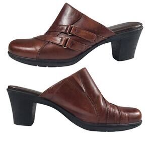 Clarks Bendables Brown Leather Mules Clogs Shoes Strap Buckles 9 1/2 M